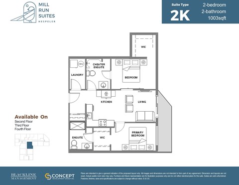 Floor plan for 2 beds, 2 baths, 1003 sqft
